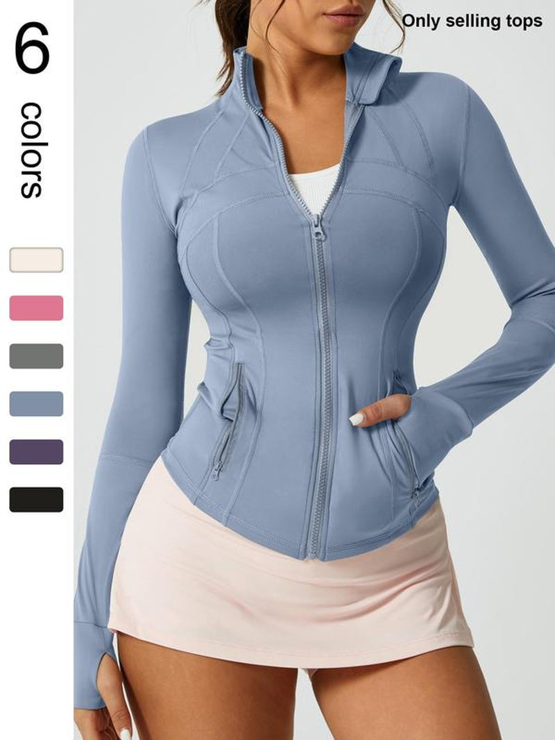 Women'S Solid Color Zipper Pocket Sports Jacket Long Sleeved Stand up Collar Top Sports Jacket Zipper Yoga Suit All Year round Outdoor Running Fashion Gym Sports Training Spring and Autumn Winter Clothing