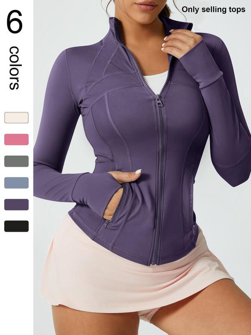 Women'S Solid Color Zipper Pocket Sports Jacket Long Sleeved Stand up Collar Top Sports Jacket Zipper Yoga Suit All Year round Outdoor Running Fashion Gym Sports Training Spring and Autumn Winter Clothing