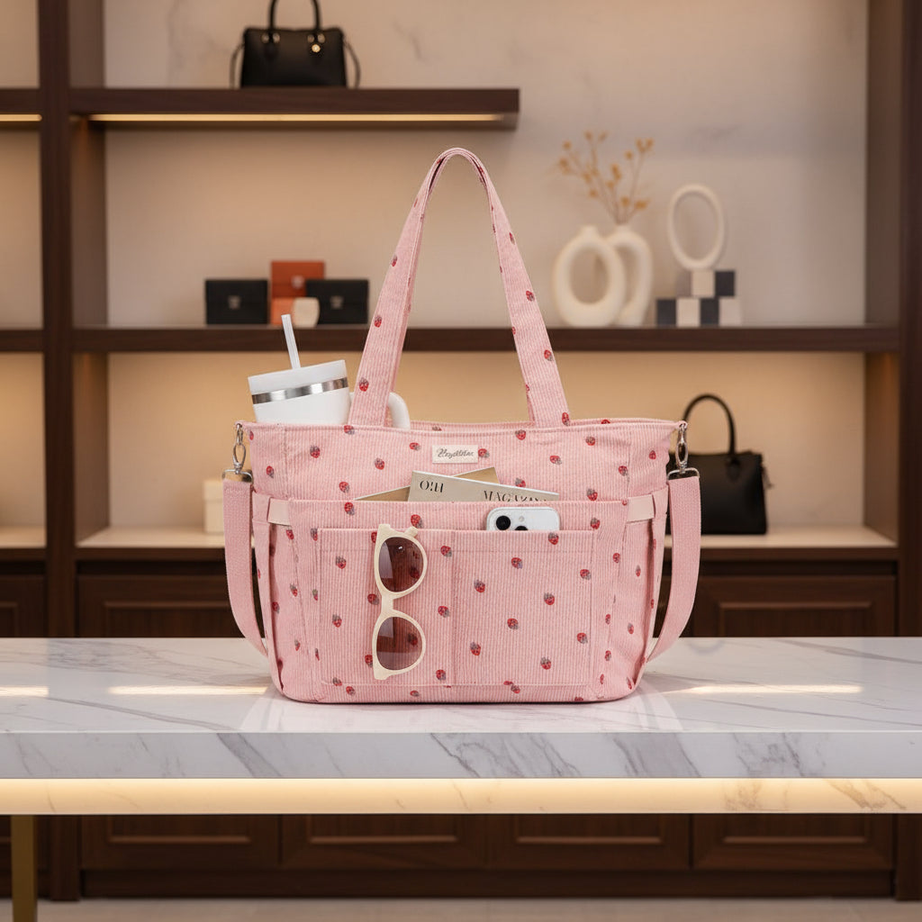 Bagstellar Corduroy Tote Bag for Women, 15.6 Inch Laptop Work Tote Bags for School College with Large Cup Holder, Durable Zipper Corduroy Casual Tote Purse Shoulder Handbags for Women Work, Daily, Travel, Gym