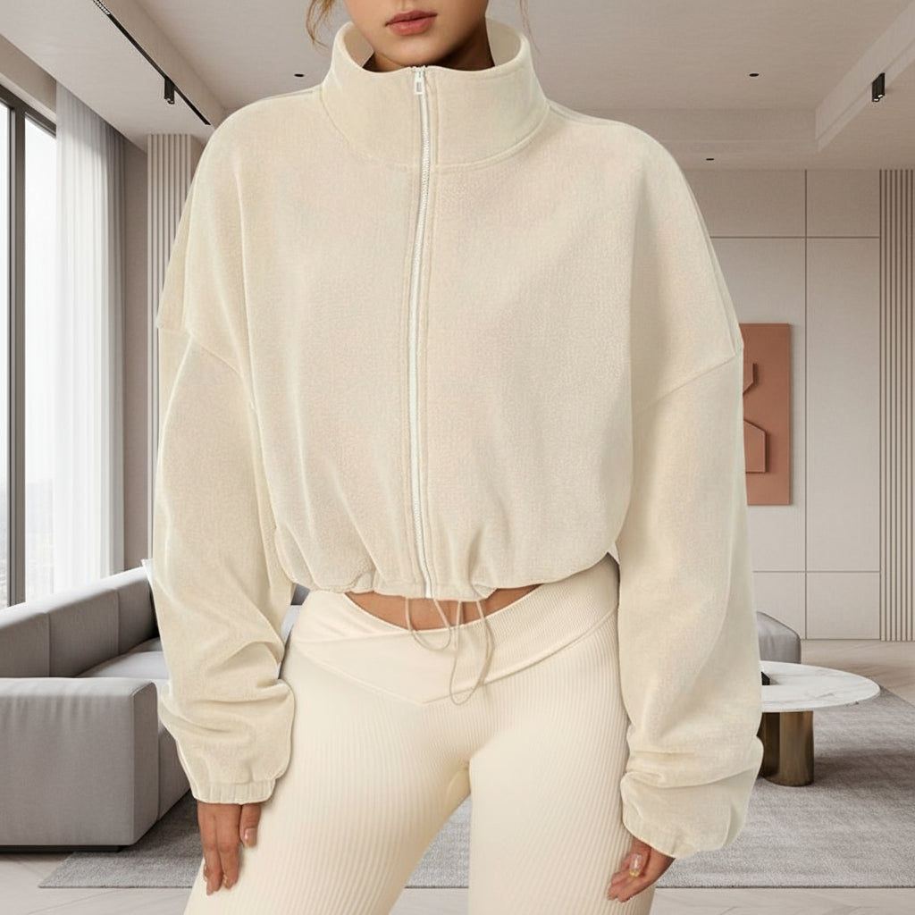 OQQ Women'S Full-Zip down Pullover with Standing Collar - Sherpa-Style Winter Long-Sleeved Jacket, Featuring Drawstring at the Hem of the Garment