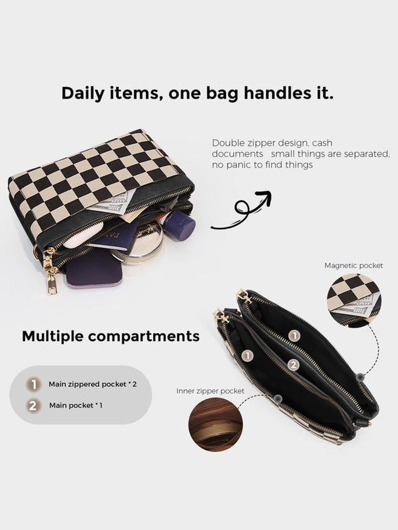Checkered Portable Crossbody Bag, Small Square Shoulder Wallet, Lightweight Single-Shoulder Coin Purse, Stylish and Practical Accessory