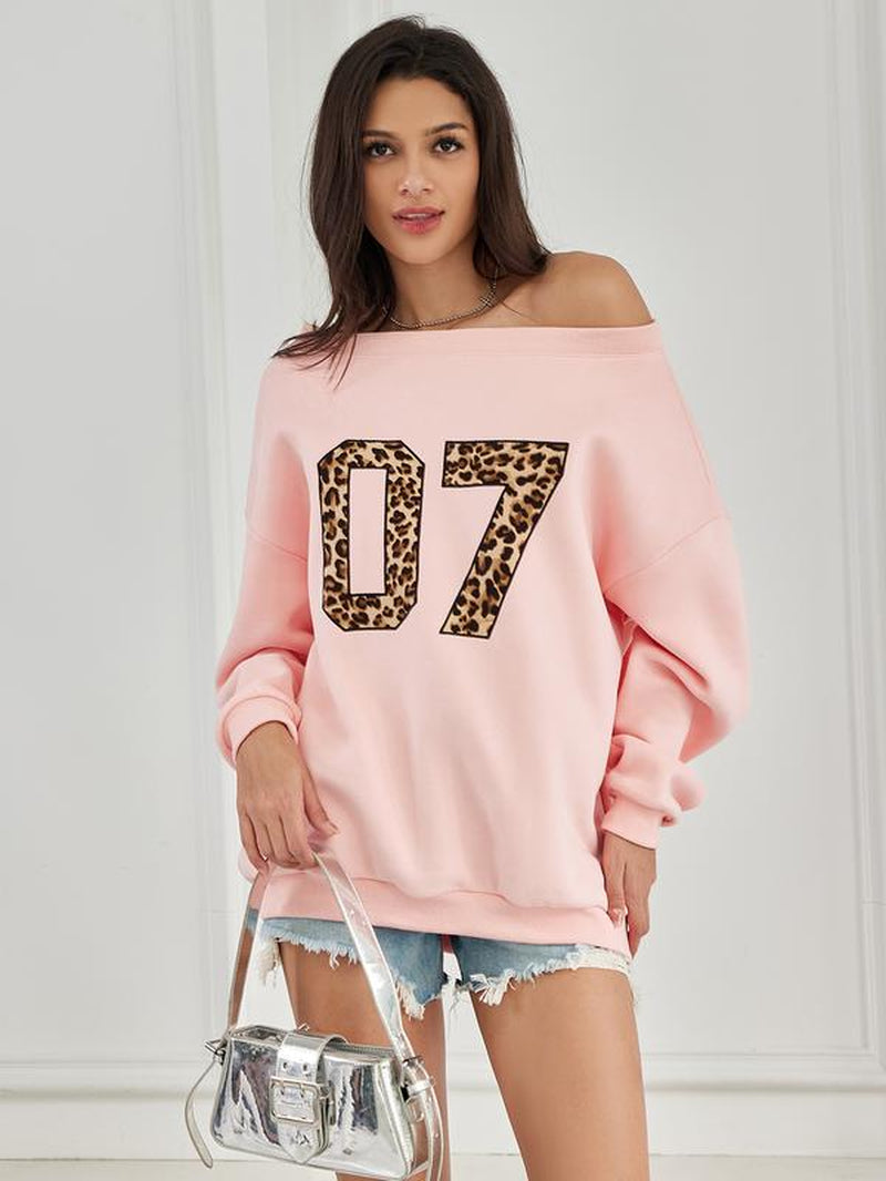 Womens off Shoulder Long Sleeve Sweatshirt Oversized Number Pattern Fleece Lined Pullover Top Fallfreshness