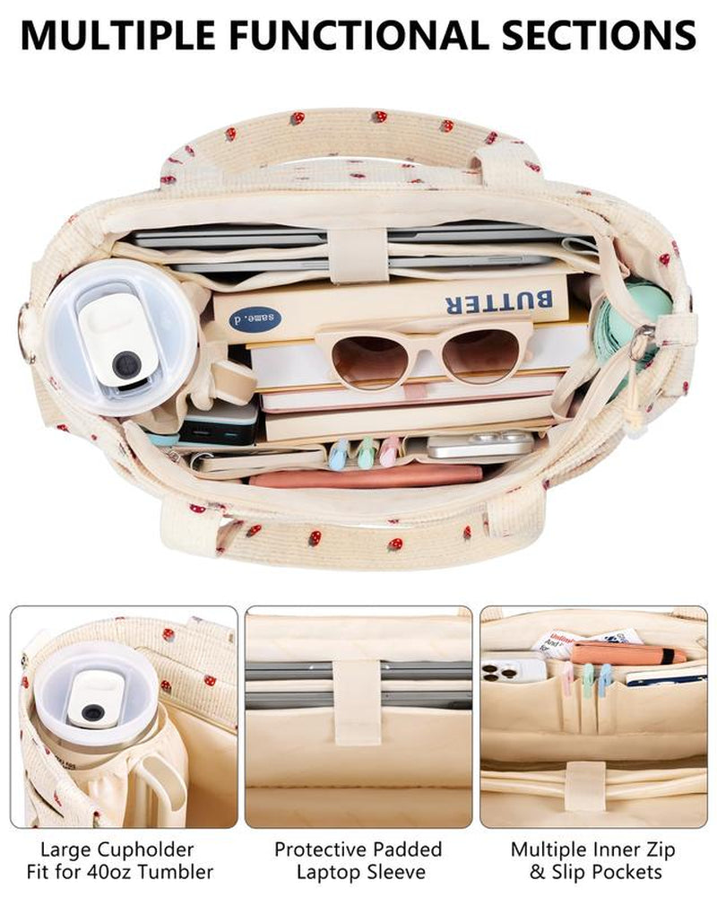 Bagstellar Corduroy Tote Bag for Women, 15.6 Inch Laptop Work Tote Bags for School College with Large Cup Holder, Durable Zipper Corduroy Casual Tote Purse Shoulder Handbags for Women Work, Daily, Travel, Gym