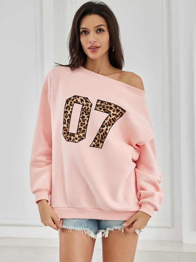 Womens off Shoulder Long Sleeve Sweatshirt Oversized Number Pattern Fleece Lined Pullover Top Fallfreshness