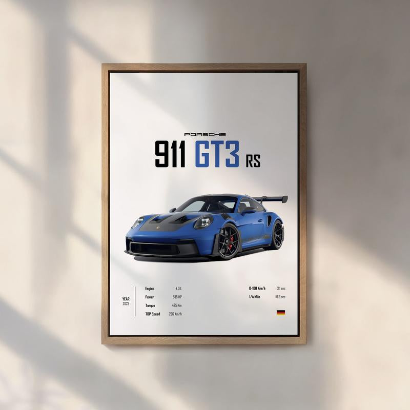Blue Porsche 911 GT3 RS 2023 Car Poster No Framed Wall Kids Boys Room German Cars Children Home Office Decor Dorm Gift for Him Valentines