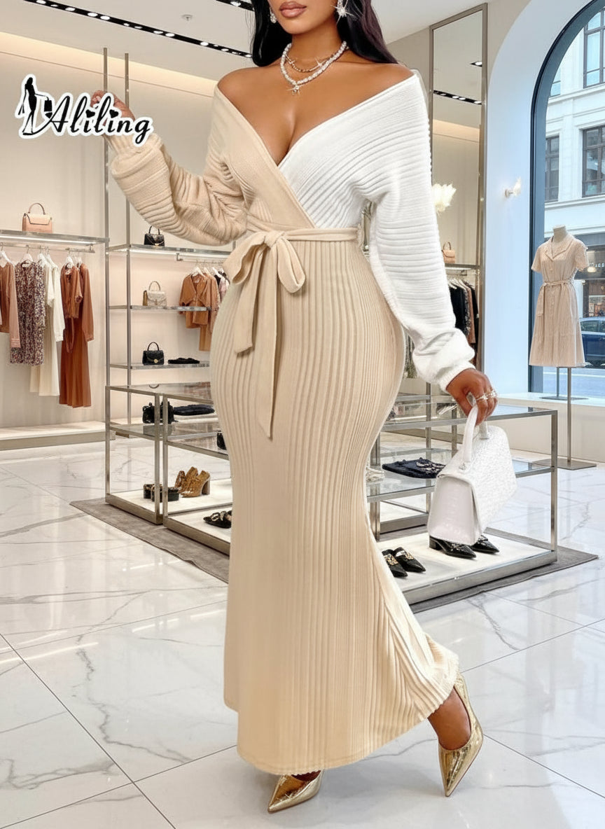 Aliling Women'S Colorblock Deep V Neck Dress, Elegant Belted Long Sleeve Dress, Women'S Fall & Winter Clothing for Daily Wear