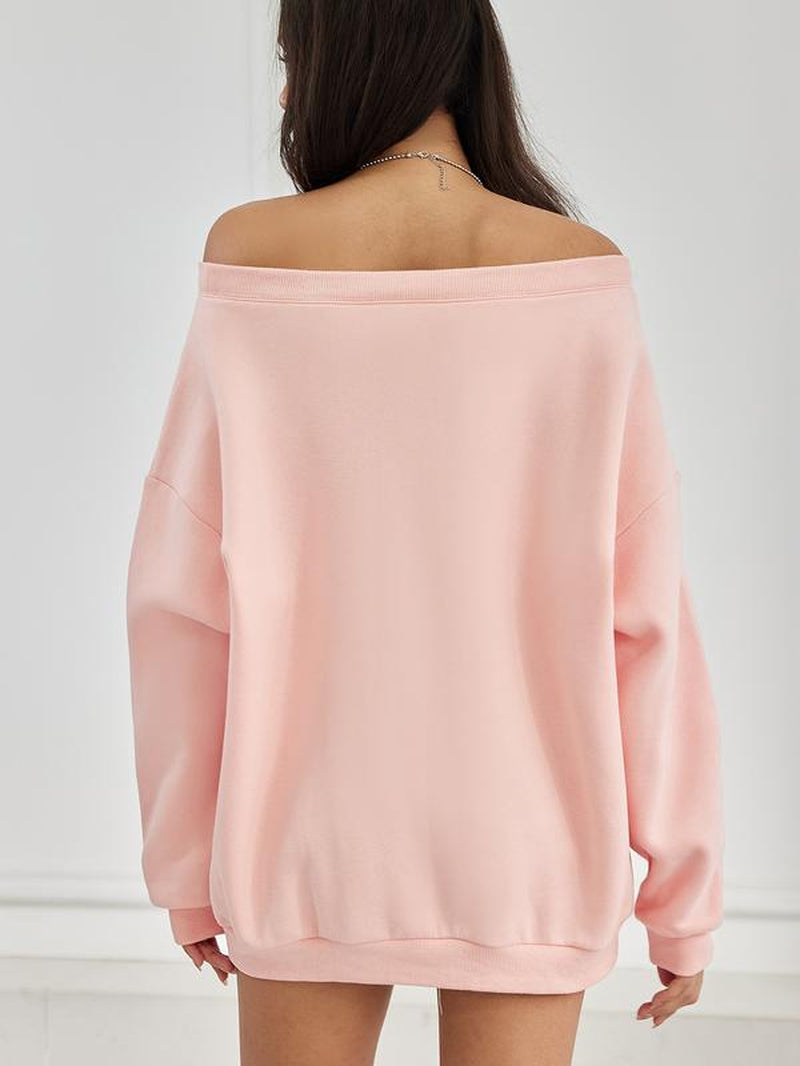 Womens off Shoulder Long Sleeve Sweatshirt Oversized Number Pattern Fleece Lined Pullover Top Fallfreshness