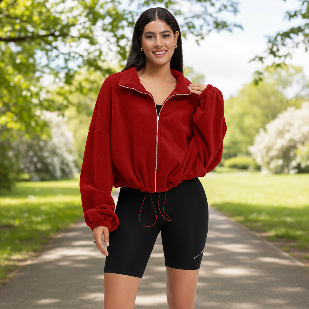 OQQ Women'S Full-Zip down Pullover with Standing Collar - Sherpa-Style Winter Long-Sleeved Jacket, Featuring Drawstring at the Hem of the Garment