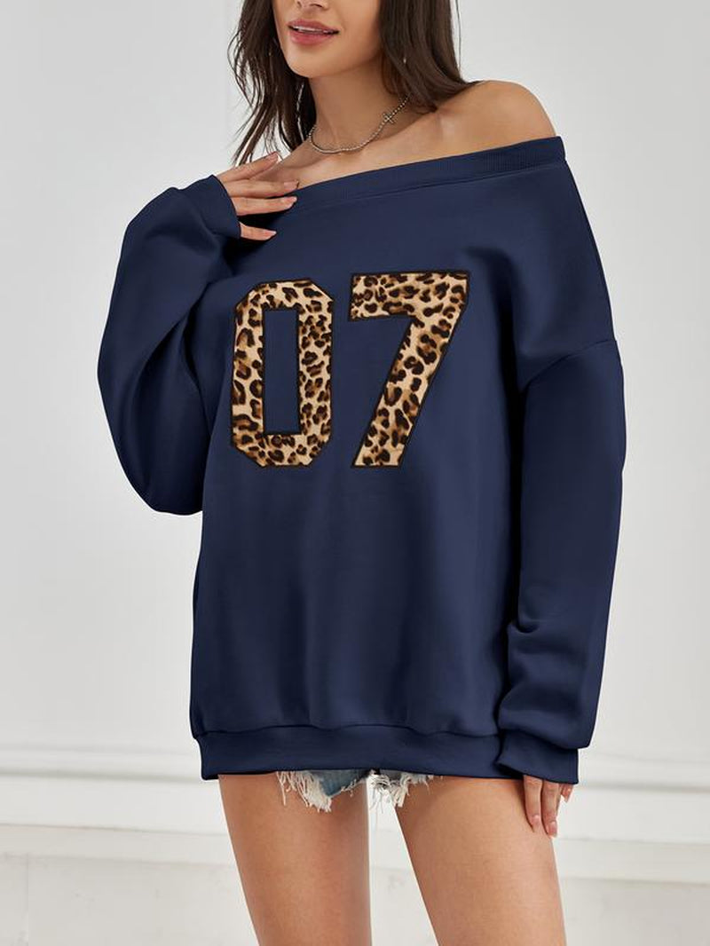 Womens off Shoulder Long Sleeve Sweatshirt Oversized Number Pattern Fleece Lined Pullover Top Fallfreshness