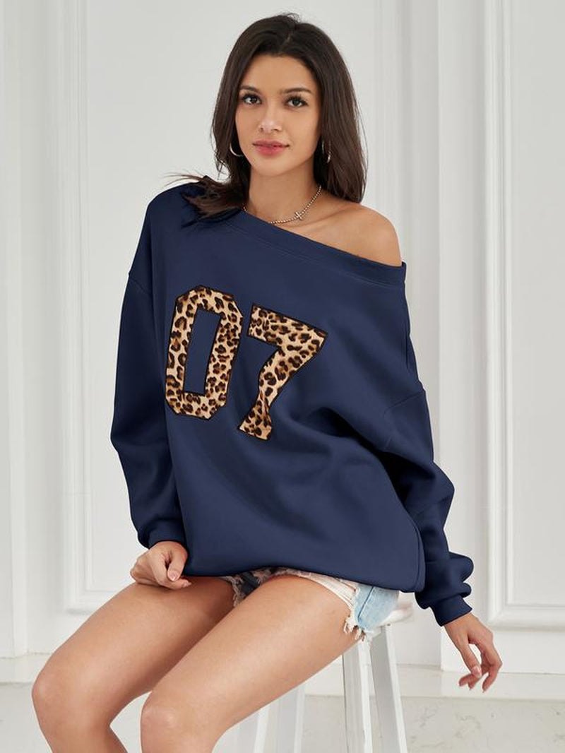 Womens off Shoulder Long Sleeve Sweatshirt Oversized Number Pattern Fleece Lined Pullover Top Fallfreshness