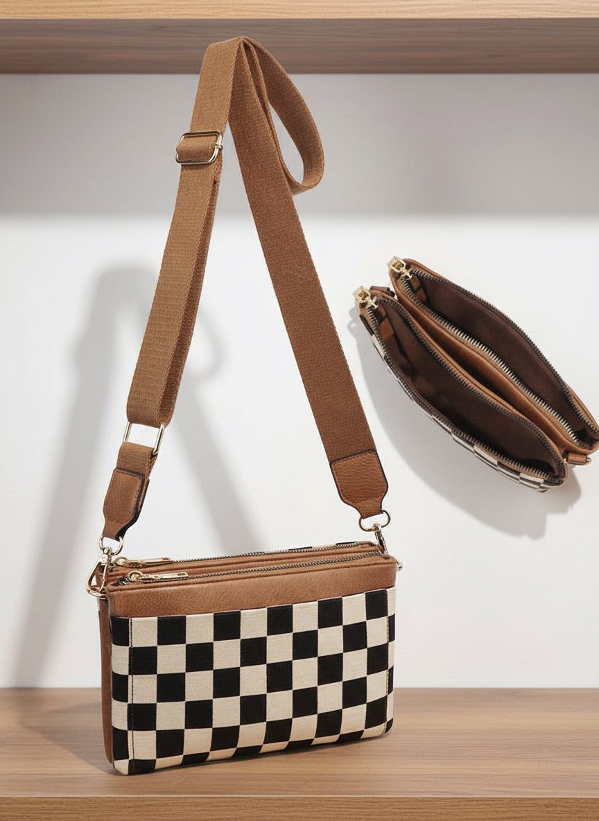 Checkered Portable Crossbody Bag, Small Square Shoulder Wallet, Lightweight Single-Shoulder Coin Purse, Stylish and Practical Accessory