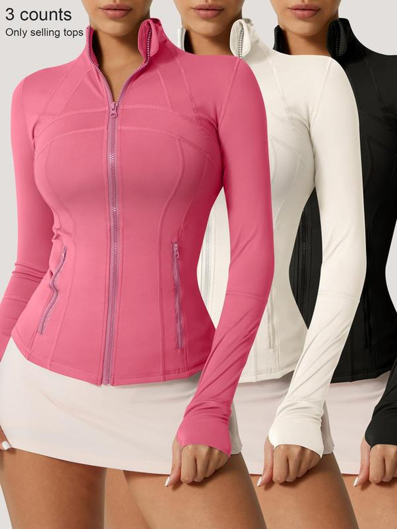 Women'S Solid Color Zipper Pocket Sports Jacket Long Sleeved Stand up Collar Top Sports Jacket Zipper Yoga Suit All Year round Outdoor Running Fashion Gym Sports Training Spring and Autumn Winter Clothing