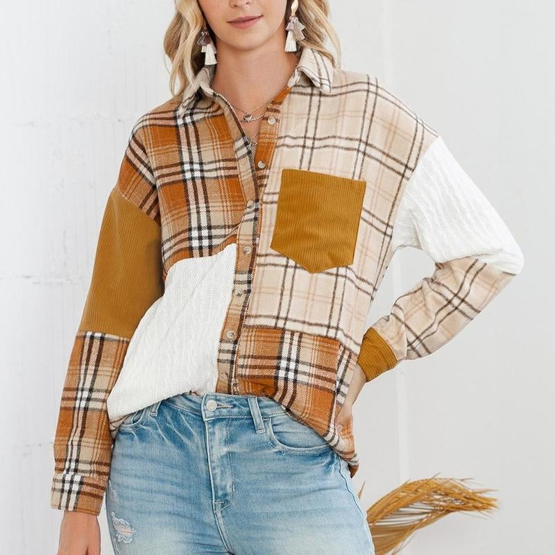 Women'S Plaid Color Block Patchwork Flannel Pocket Casual Coats, Plaid Shackets with Comfort Fabric.