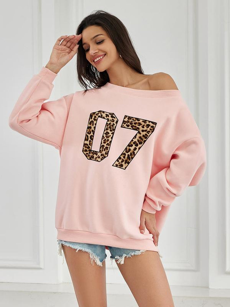 Womens off Shoulder Long Sleeve Sweatshirt Oversized Number Pattern Fleece Lined Pullover Top Fallfreshness