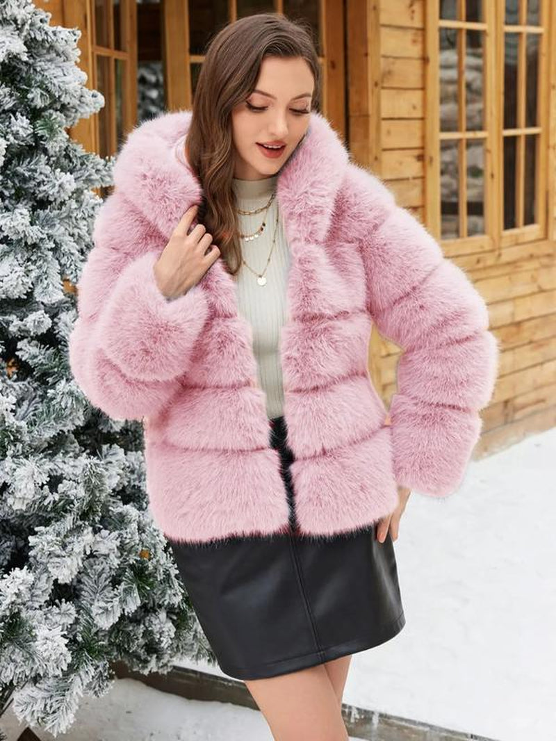 Eco-Friendly Faux Fur Hooded Jacket for Women, Stylish Warm Outerwear Coat, Fashionable Ladies Winter Clothing, Comfortable & Trendy Design