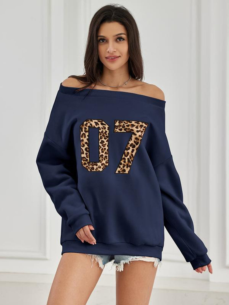 Womens off Shoulder Long Sleeve Sweatshirt Oversized Number Pattern Fleece Lined Pullover Top Fallfreshness