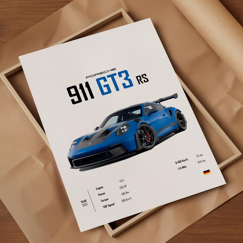 Blue Porsche 911 GT3 RS 2023 Car Poster No Framed Wall Kids Boys Room German Cars Children Home Office Decor Dorm Gift for Him Valentines