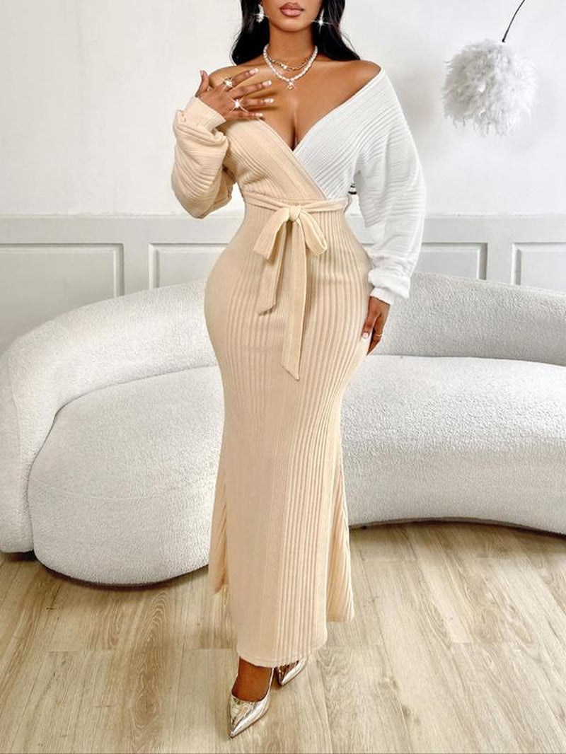 Aliling Women'S Colorblock Deep V Neck Dress, Elegant Belted Long Sleeve Dress, Women'S Fall & Winter Clothing for Daily Wear