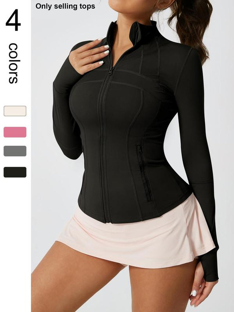 Women'S Solid Color Zipper Pocket Sports Jacket Long Sleeved Stand up Collar Top Sports Jacket Zipper Yoga Suit All Year round Outdoor Running Fashion Gym Sports Training Spring and Autumn Winter Clothing