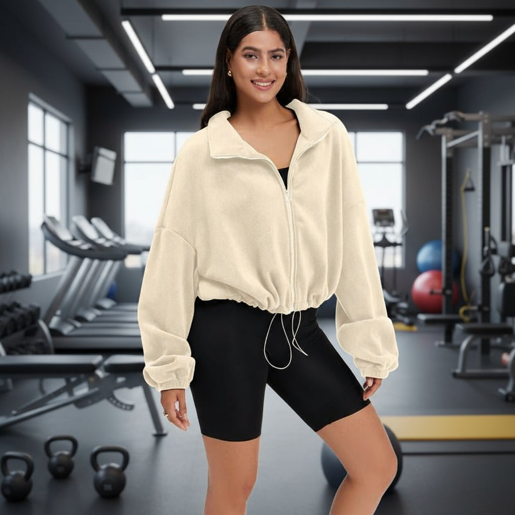 OQQ Women'S Full-Zip down Pullover with Standing Collar - Sherpa-Style Winter Long-Sleeved Jacket, Featuring Drawstring at the Hem of the Garment