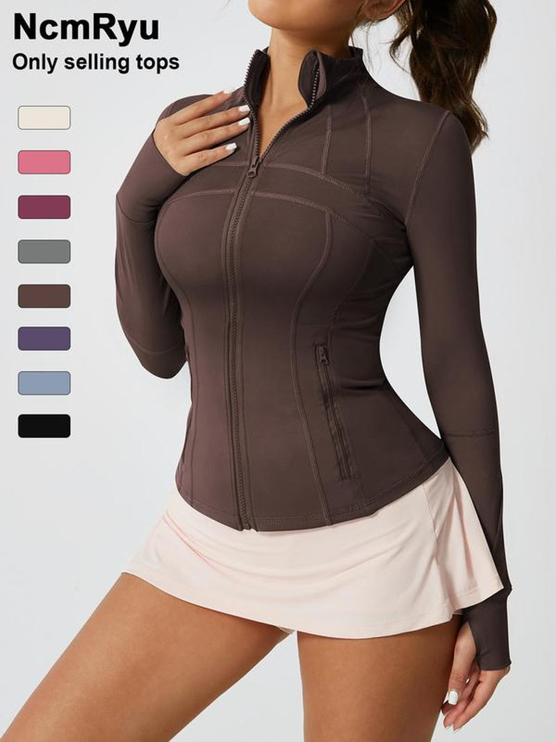 Women'S Solid Color Zipper Pocket Sports Jacket Long Sleeved Stand up Collar Top Sports Jacket Zipper Yoga Suit All Year round Outdoor Running Fashion Gym Sports Training Spring and Autumn Winter Clothing