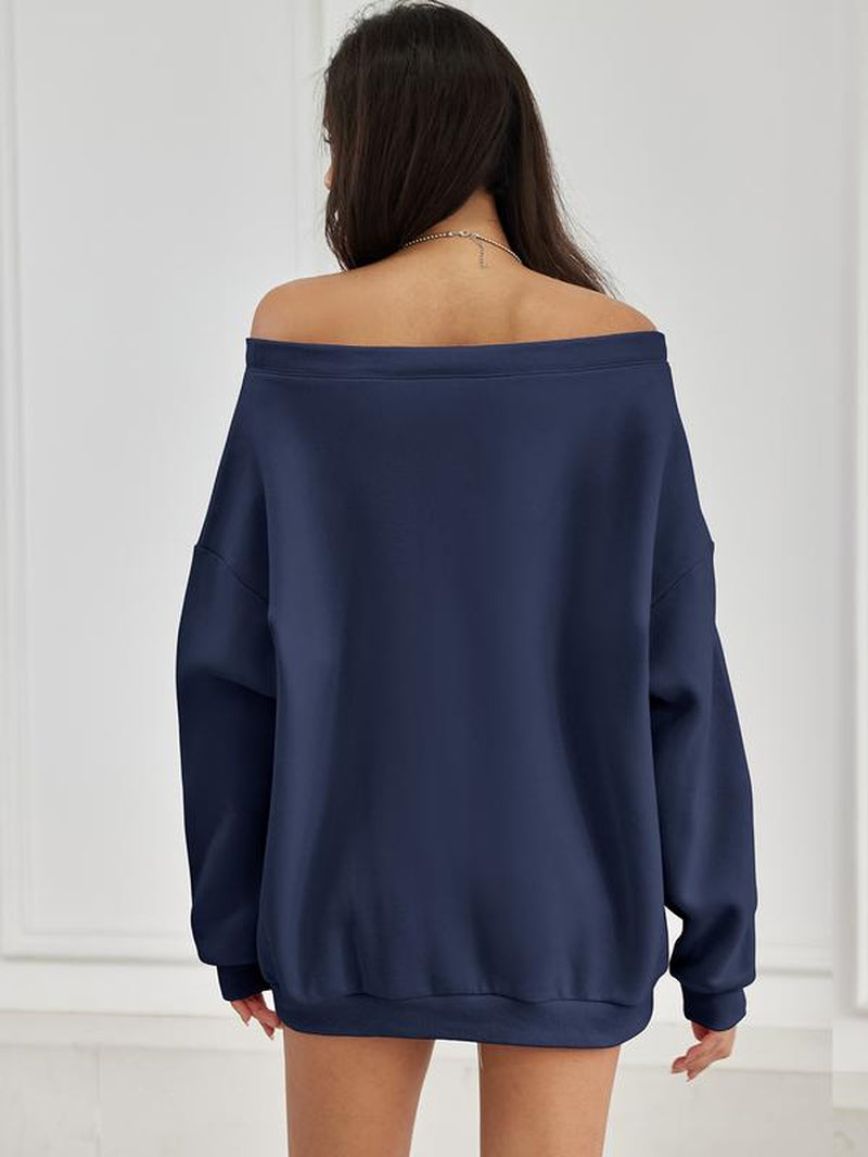 Womens off Shoulder Long Sleeve Sweatshirt Oversized Number Pattern Fleece Lined Pullover Top Fallfreshness