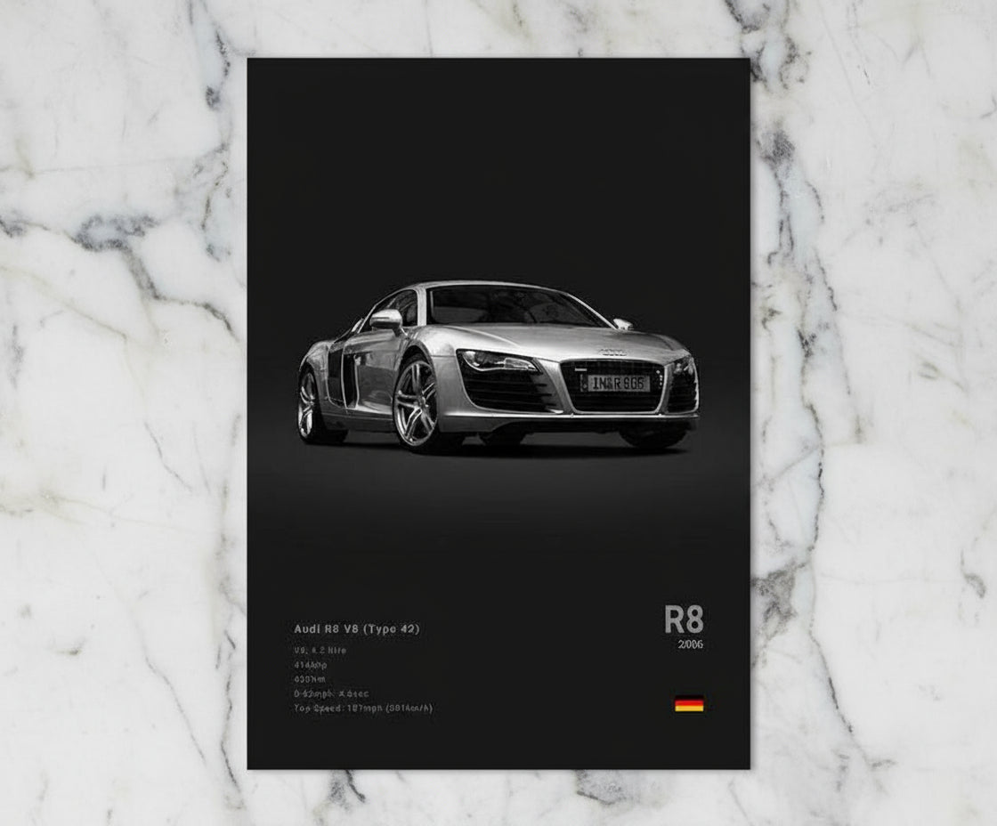 Audi R8 V8 Mk1 Supercar Car Poster No Framed Prints, Gifts for Men, Vintage Cars Posters, Car Lovers Gifts, Car Wall Art Room Decor