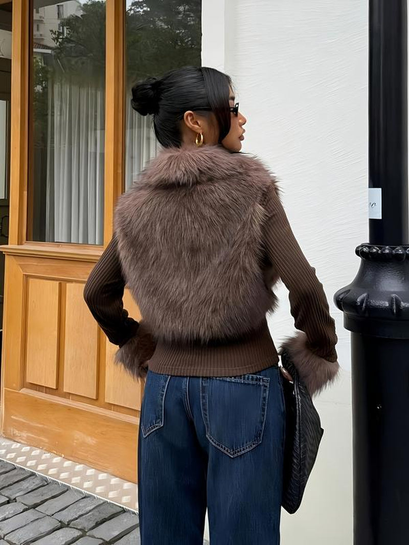 Women'S Fashion Street Style Patchwork Knit Faux Fur Jacket, Zipper Long Sleeve Coat, Fall & Winter Thick Fabric, Casual Wear