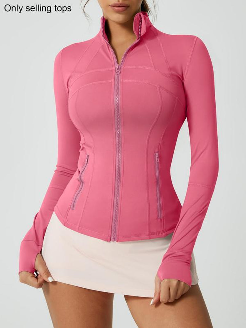 Women'S Solid Color Zipper Pocket Sports Jacket Long Sleeved Stand up Collar Top Sports Jacket Zipper Yoga Suit All Year round Outdoor Running Fashion Gym Sports Training Spring and Autumn Winter Clothing