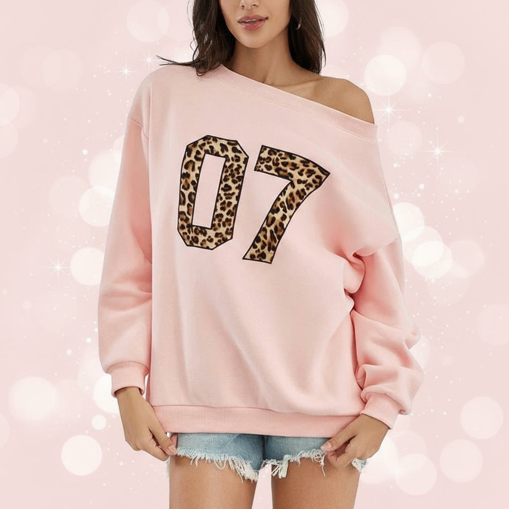 Womens off Shoulder Long Sleeve Sweatshirt Oversized Number Pattern Fleece Lined Pullover Top Fallfreshness