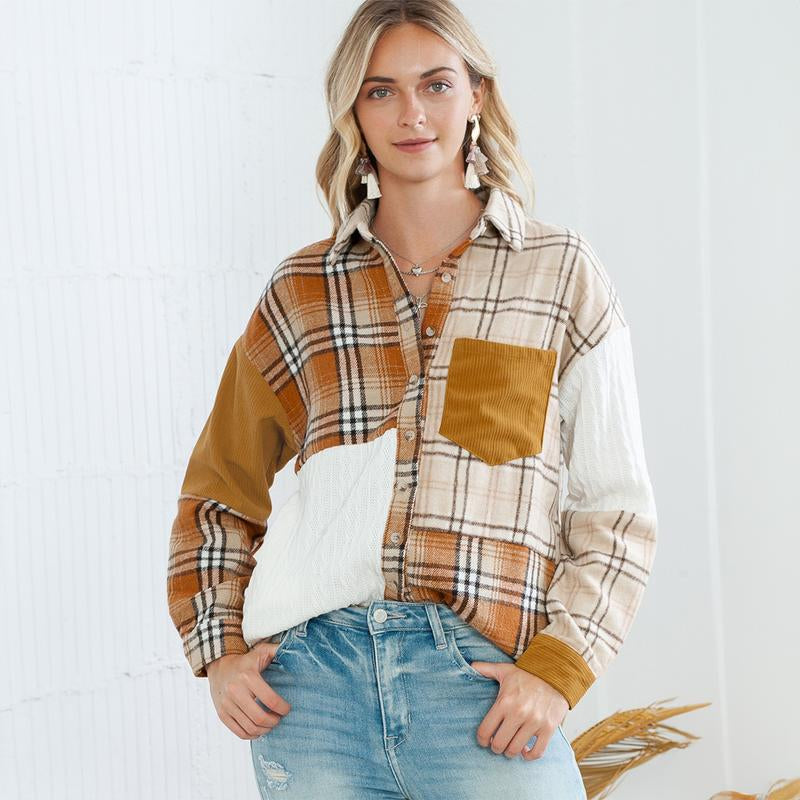 Women'S Plaid Color Block Patchwork Flannel Pocket Casual Coats, Plaid Shackets with Comfort Fabric.