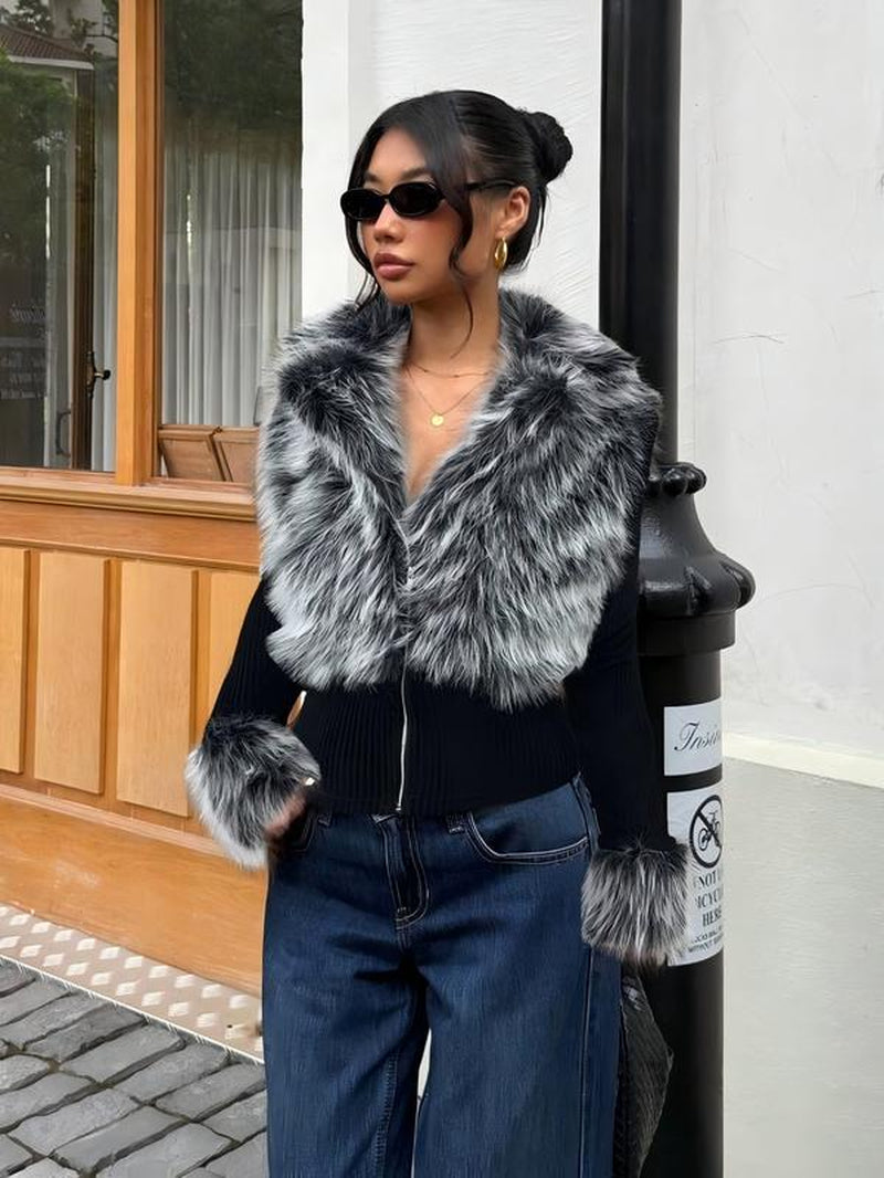 Women'S Fashion Street Style Patchwork Knit Faux Fur Jacket, Zipper Long Sleeve Coat, Fall & Winter Thick Fabric, Casual Wear