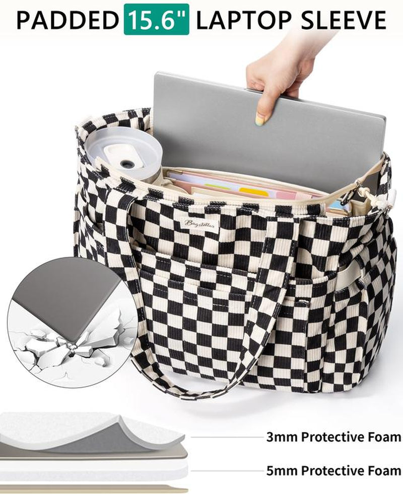 Bagstellar Corduroy Tote Bag for Women, 15.6 Inch Laptop Work Tote Bags for School College with Large Cup Holder, Durable Zipper Corduroy Casual Tote Purse Shoulder Handbags for Women Work, Daily, Travel, Gym