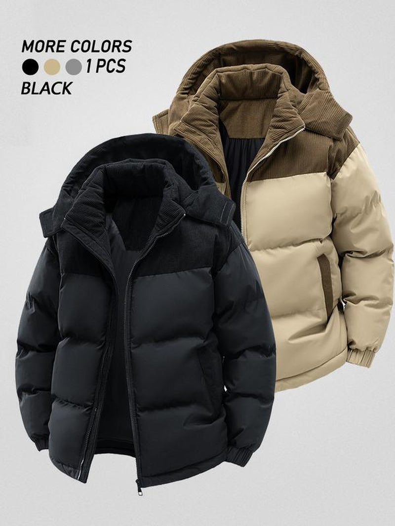Men'S Winter Thickened Cotton Jacket, Hooded Patchwork Coat, Warm Casual Simple Style Outerwear, Men'S Winter Clothing