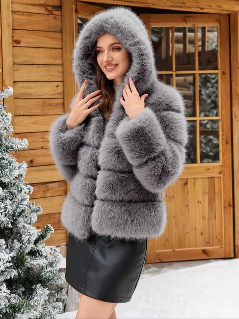 Eco-Friendly Faux Fur Hooded Jacket for Women, Stylish Warm Outerwear Coat, Fashionable Ladies Winter Clothing, Comfortable & Trendy Design