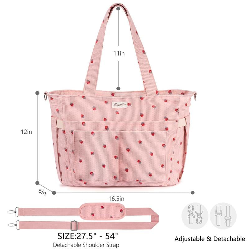 Bagstellar Corduroy Tote Bag for Women, 15.6 Inch Laptop Work Tote Bags for School College with Large Cup Holder, Durable Zipper Corduroy Casual Tote Purse Shoulder Handbags for Women Work, Daily, Travel, Gym