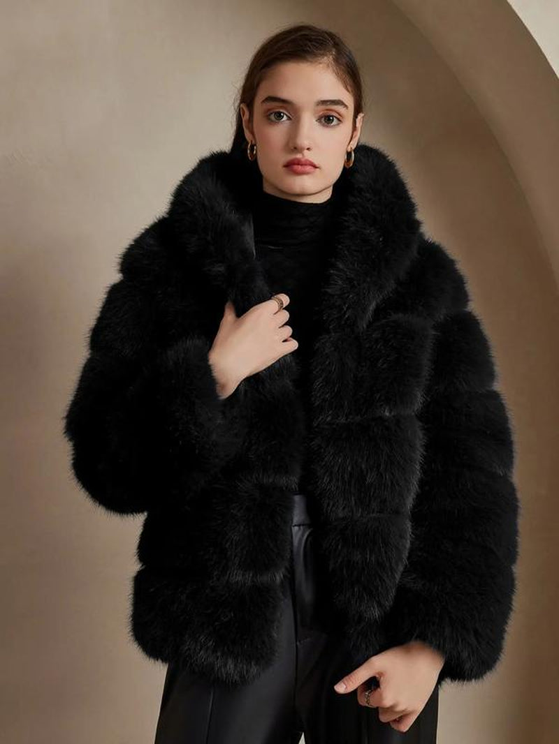 Eco-Friendly Faux Fur Hooded Jacket for Women, Stylish Warm Outerwear Coat, Fashionable Ladies Winter Clothing, Comfortable & Trendy Design