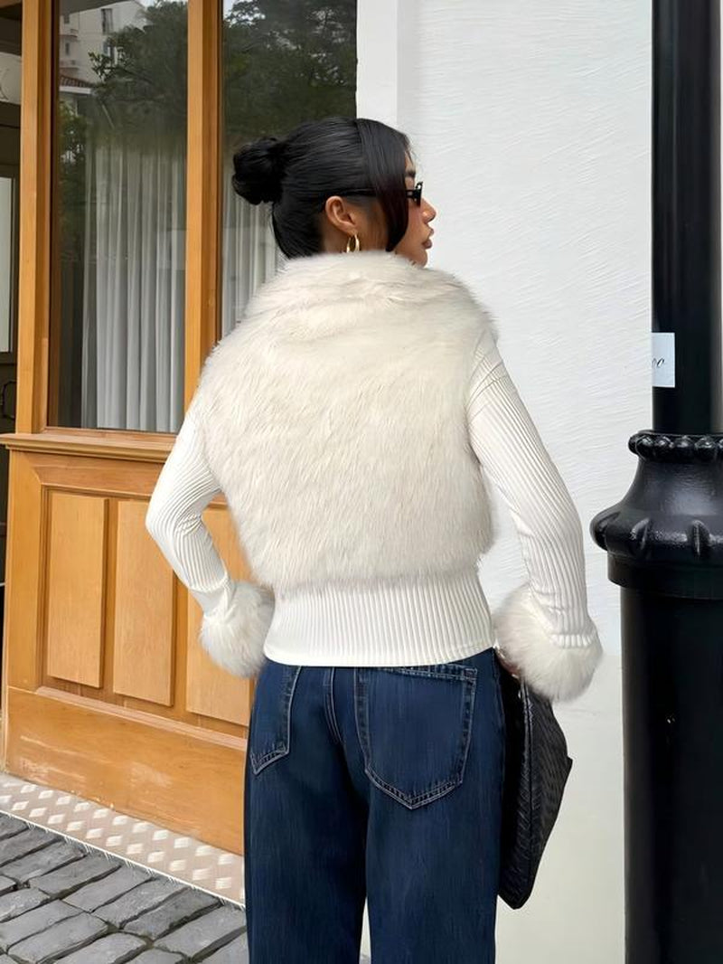 Women'S Fashion Street Style Patchwork Knit Faux Fur Jacket, Zipper Long Sleeve Coat, Fall & Winter Thick Fabric, Casual Wear