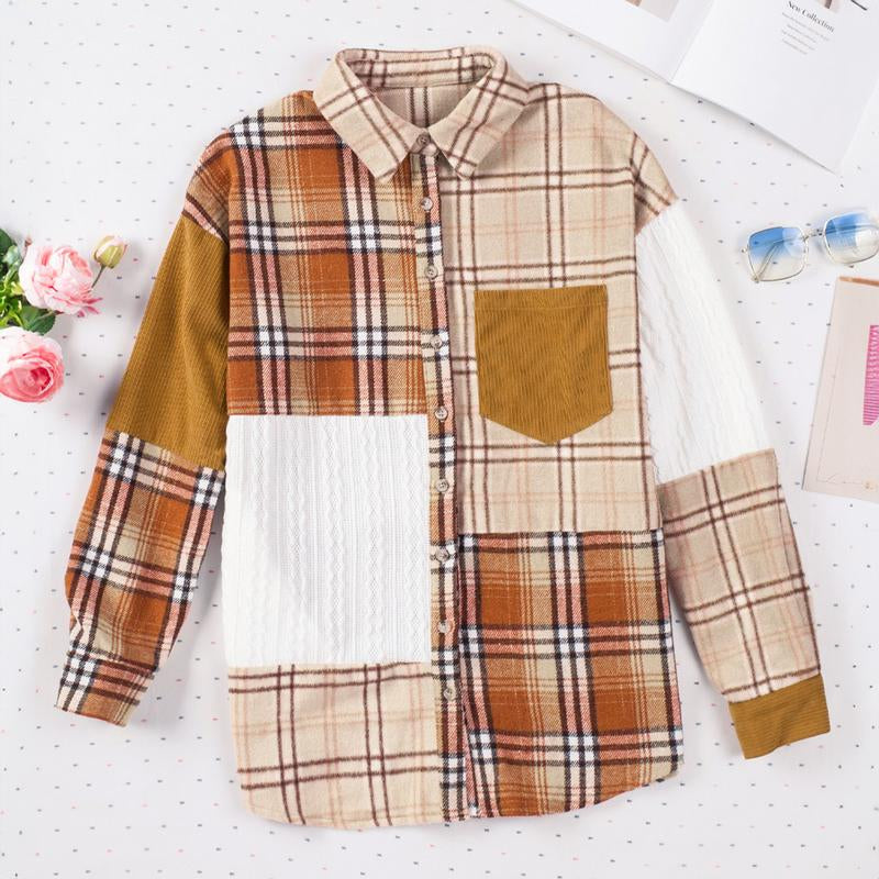Women'S Plaid Color Block Patchwork Flannel Pocket Casual Coats, Plaid Shackets with Comfort Fabric.