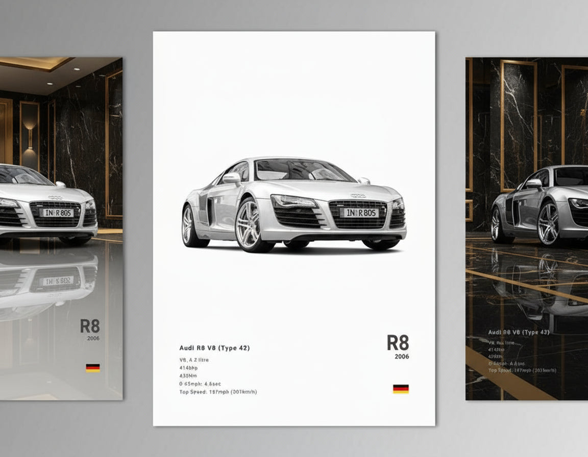 Audi R8 V8 Mk1 Supercar Car Poster No Framed Prints, Gifts for Men, Vintage Cars Posters, Car Lovers Gifts, Car Wall Art Room Decor