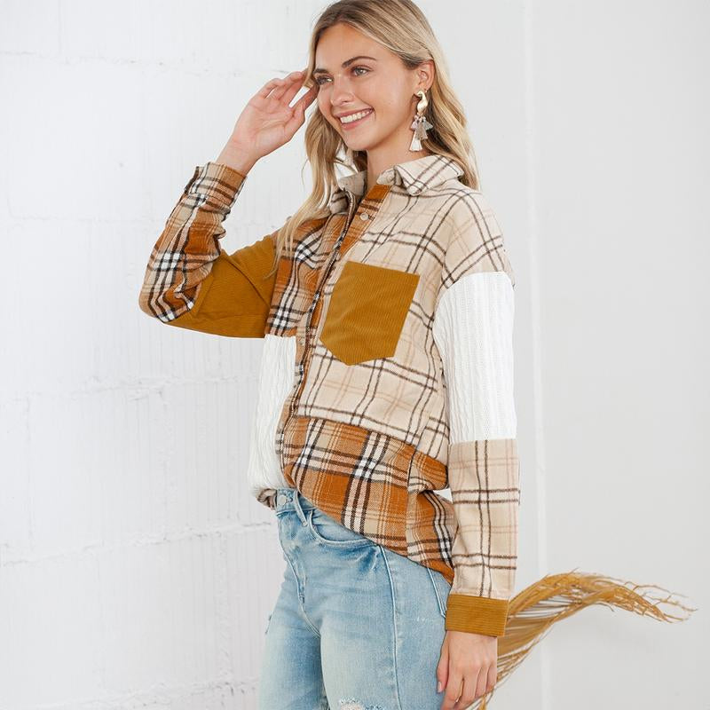 Women'S Plaid Color Block Patchwork Flannel Pocket Casual Coats, Plaid Shackets with Comfort Fabric.