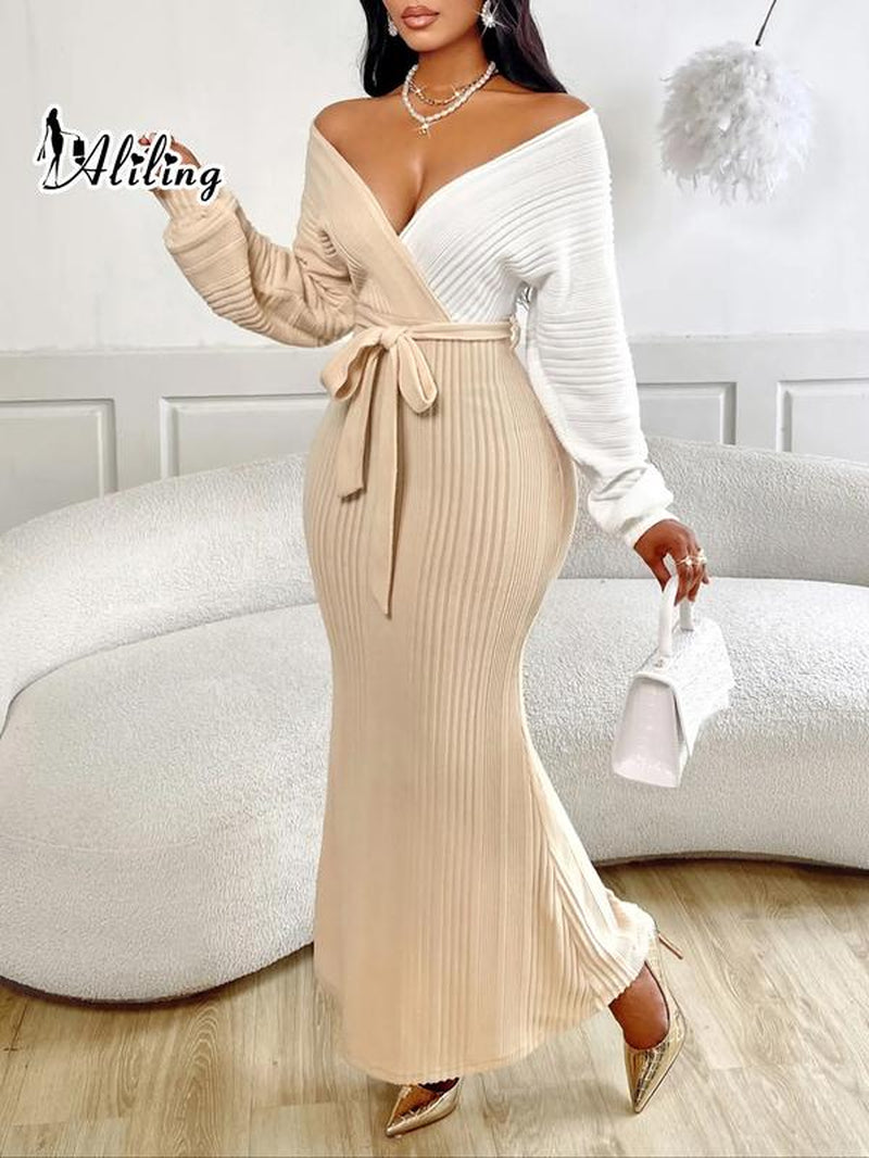 Aliling Women'S Colorblock Deep V Neck Dress, Elegant Belted Long Sleeve Dress, Women'S Fall & Winter Clothing for Daily Wear