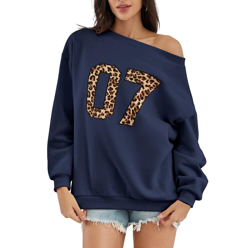 Womens off Shoulder Long Sleeve Sweatshirt Oversized Number Pattern Fleece Lined Pullover Top Fallfreshness