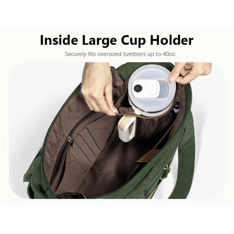 Bagstellar Corduroy Tote Bag for Women, 15.6 Inch Laptop Work Tote Bags for School College with Large Cup Holder, Durable Zipper Corduroy Casual Tote Purse Shoulder Handbags for Women Work, Daily, Travel, Gym