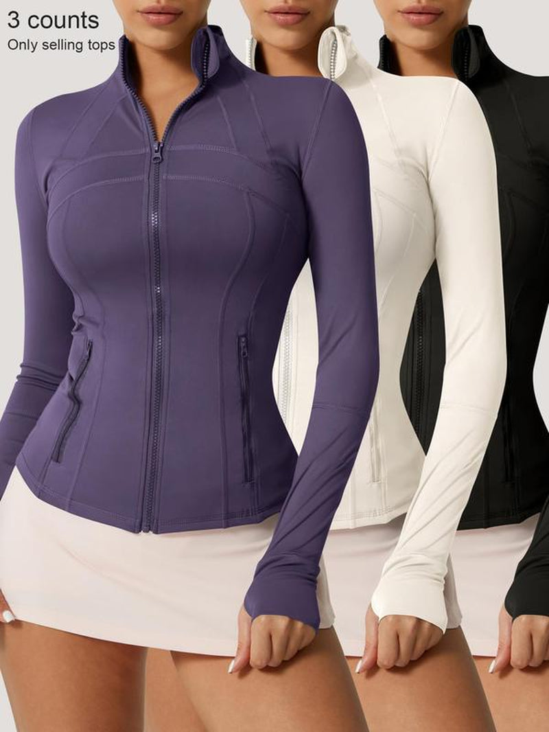 Women'S Solid Color Zipper Pocket Sports Jacket Long Sleeved Stand up Collar Top Sports Jacket Zipper Yoga Suit All Year round Outdoor Running Fashion Gym Sports Training Spring and Autumn Winter Clothing