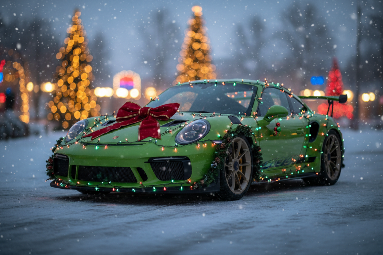 create a Porche 911 GT3 rs car with Christmas decorations and make it into a poster