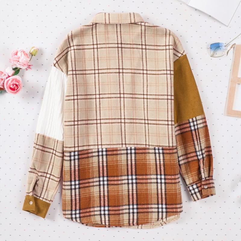 Women'S Plaid Color Block Patchwork Flannel Pocket Casual Coats, Plaid Shackets with Comfort Fabric.