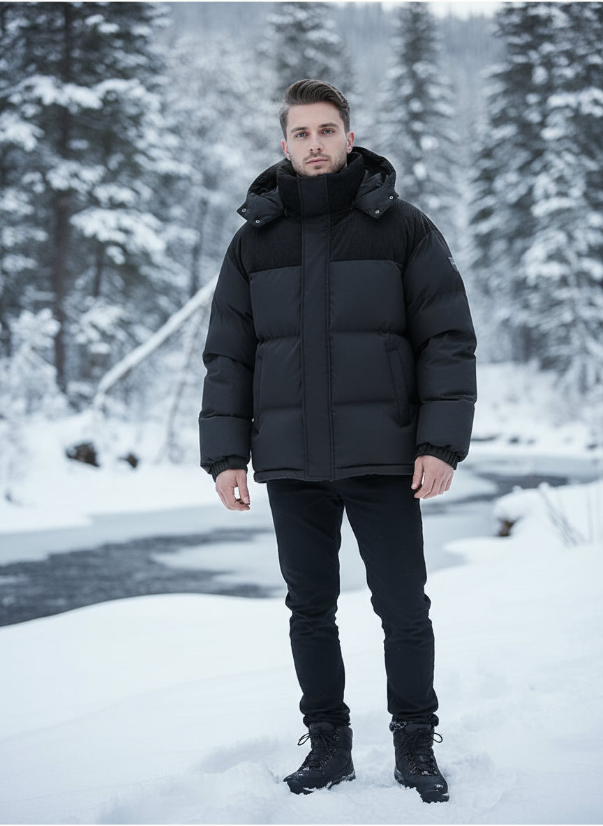 Men'S Winter Thickened Cotton Jacket, Hooded Patchwork Coat, Warm Casual Simple Style Outerwear, Men'S Winter Clothing