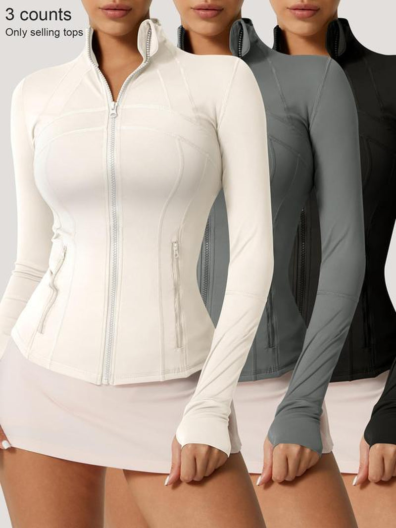 Women'S Solid Color Zipper Pocket Sports Jacket Long Sleeved Stand up Collar Top Sports Jacket Zipper Yoga Suit All Year round Outdoor Running Fashion Gym Sports Training Spring and Autumn Winter Clothing