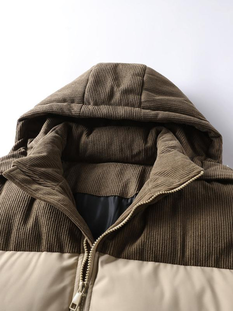 Men'S Winter Thickened Cotton Jacket, Hooded Patchwork Coat, Warm Casual Simple Style Outerwear, Men'S Winter Clothing